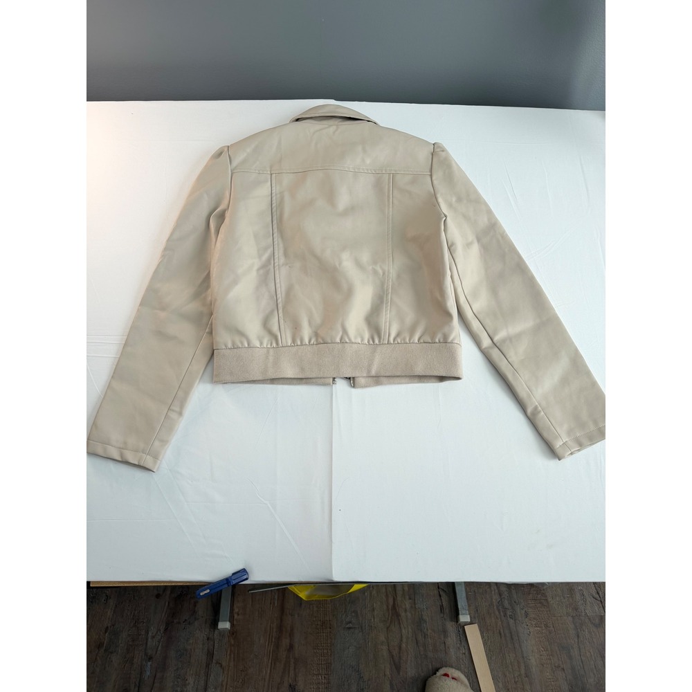 Tahari Faux Leather Jacket Womens Small Beige Puff Sleeve Bomber Moto - Picture 13 of 13